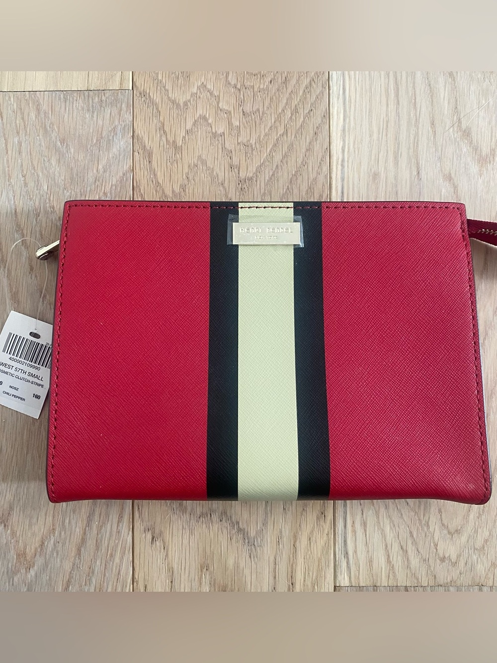 Henri Bendel West 57th Small Cosmetic Clutch Chili Pepper Red Stripe Leather New
